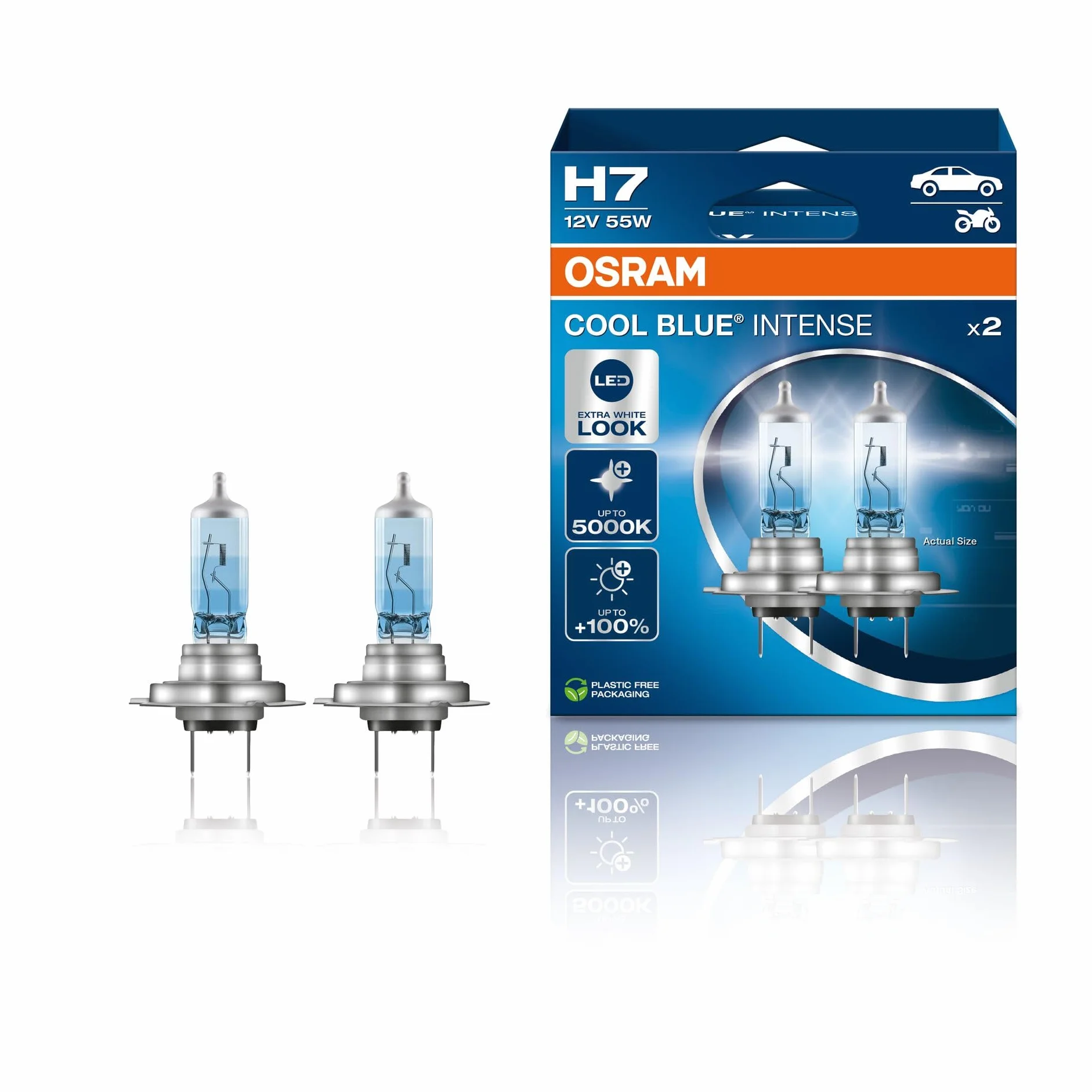 OSRAM COOL BLUE INTENSE H7, +100% większa jasność, do 5000 K, halogenowa lampa czołowa, wygląd LED, składane pudełko wiszące (2 lampy)