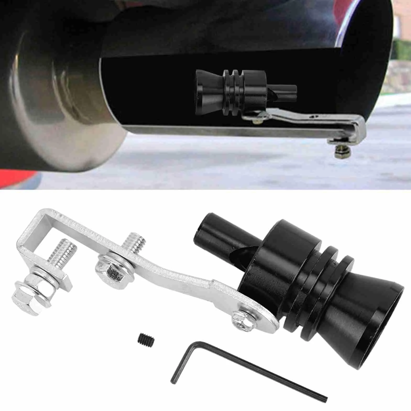 Qiilu Turbo gwizdek, symulator zaworu wydechowego rury wydechowej samochodu ze stopu aluminium czarny Turbo gwizdek odpowiedni do hałasu tłumika samochodowego