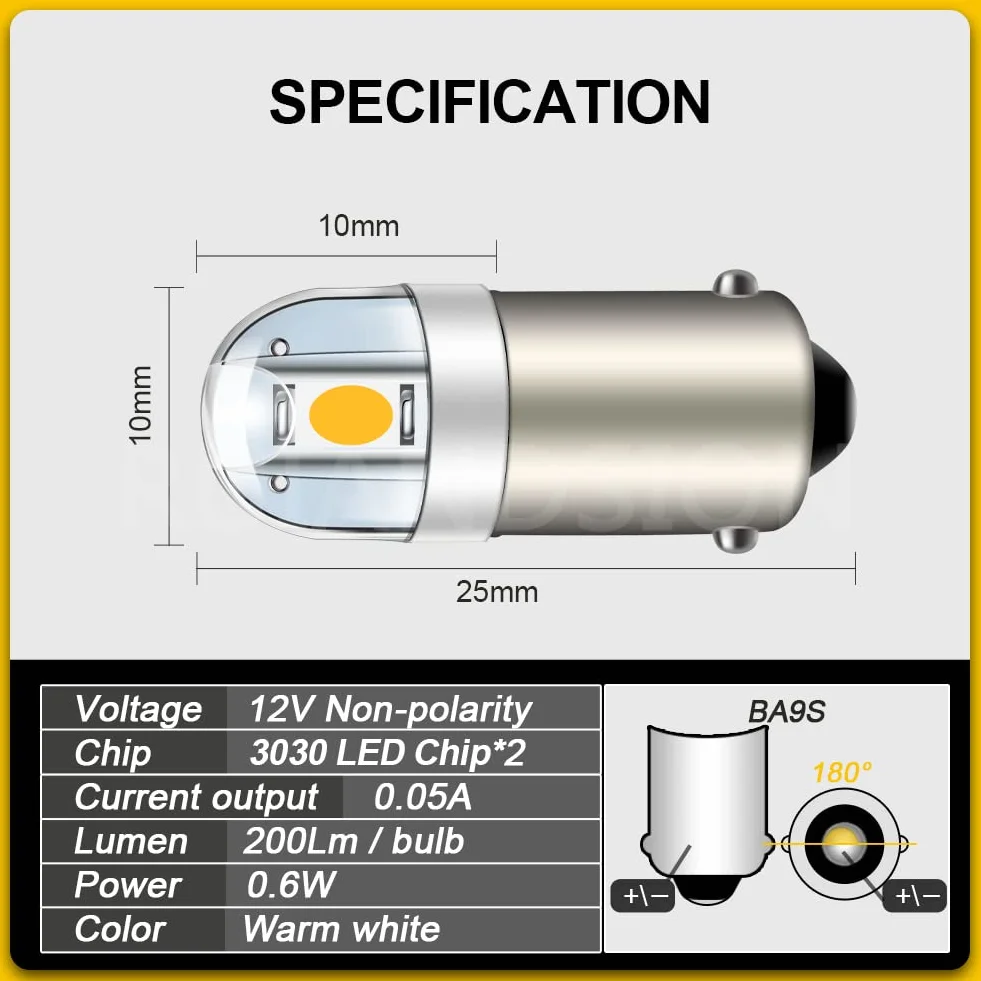 Ruiandsion BA9S Żarówka LED BA9 1895 1891 53 57 Ciepła Biel 12V Żarówka LED 3030 2SMD Chipsety LED Żarówki Zamienne do Wnętrza Samochodu Kopuła Mapa Tablica Rejestracyjna Oświetlenie Schowka na