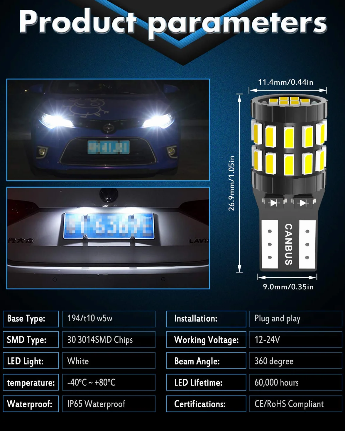 KATUR żarówka LED 194 T10 W5W 168 Super Jasna 6000K Biała Ksenonowa 30-SMD 3014 Chips 12-24V CANBUS Wolna od Błędów - Zastępcza Żarówka LED do Lampy Wewnętrznej Samochodu (Ulepszona Wersja)