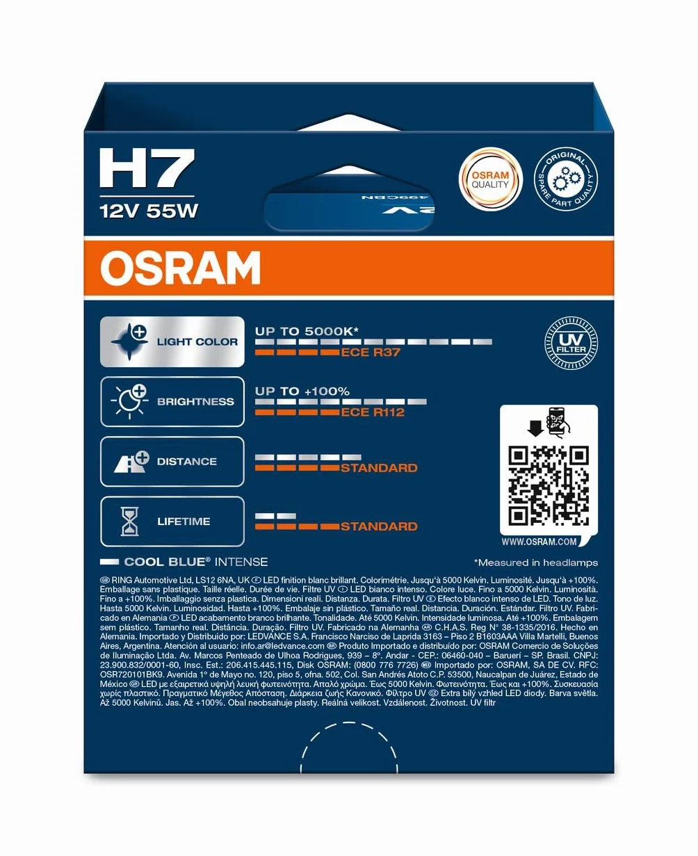 OSRAM COOL BLUE INTENSE H7, +100% większa jasność, do 5000 K, halogenowa lampa czołowa, wygląd LED, składane pudełko wiszące (2 lampy)