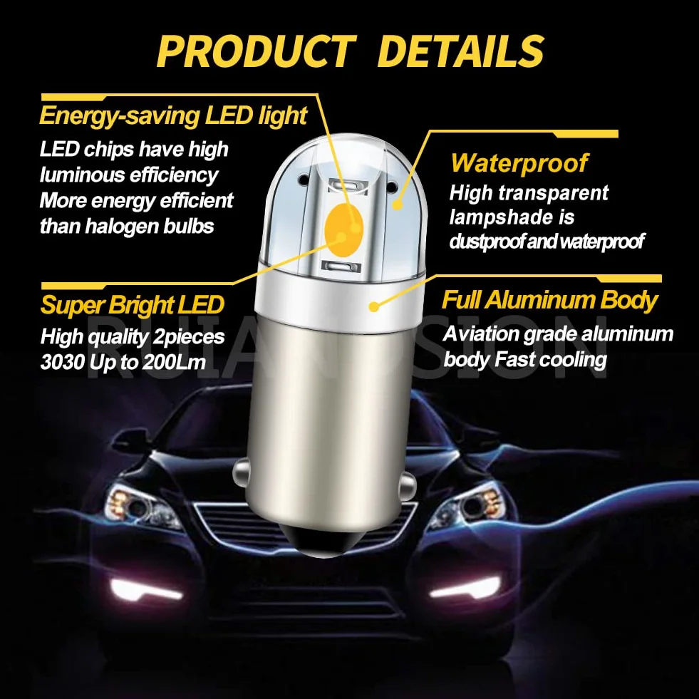 Ruiandsion BA9S Żarówka LED BA9 1895 1891 53 57 Ciepła Biel 12V Żarówka LED 3030 2SMD Chipsety LED Żarówki Zamienne do Wnętrza Samochodu Kopuła Mapa Tablica Rejestracyjna Oświetlenie Schowka na