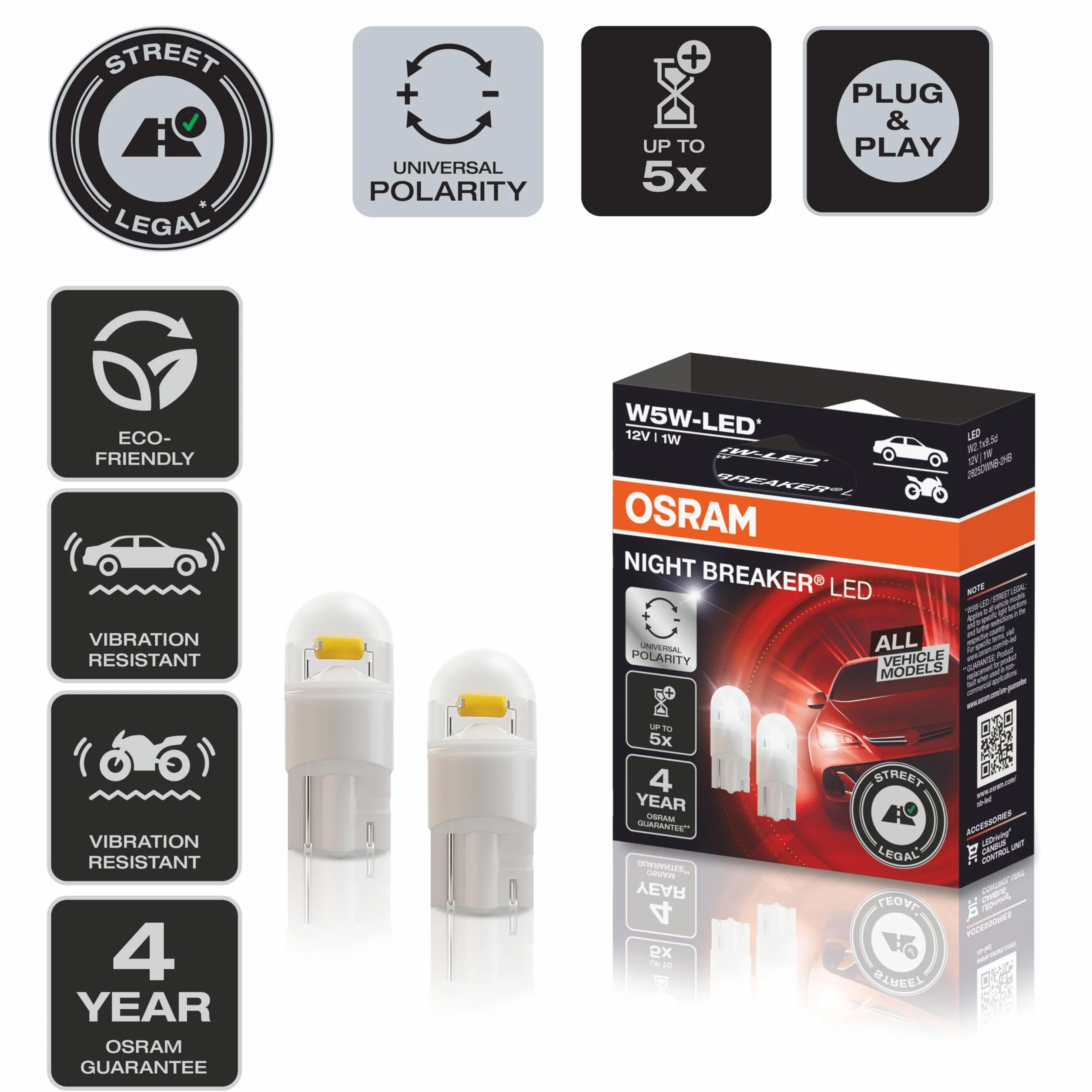 OSRAM NIGHT breaker LED W5W, uniwersalne światło postojowe/światło pozycyjne/oświetlenie wewnętrzne z homologacją uliczną, do wszystkich modeli pojazdów, 12V